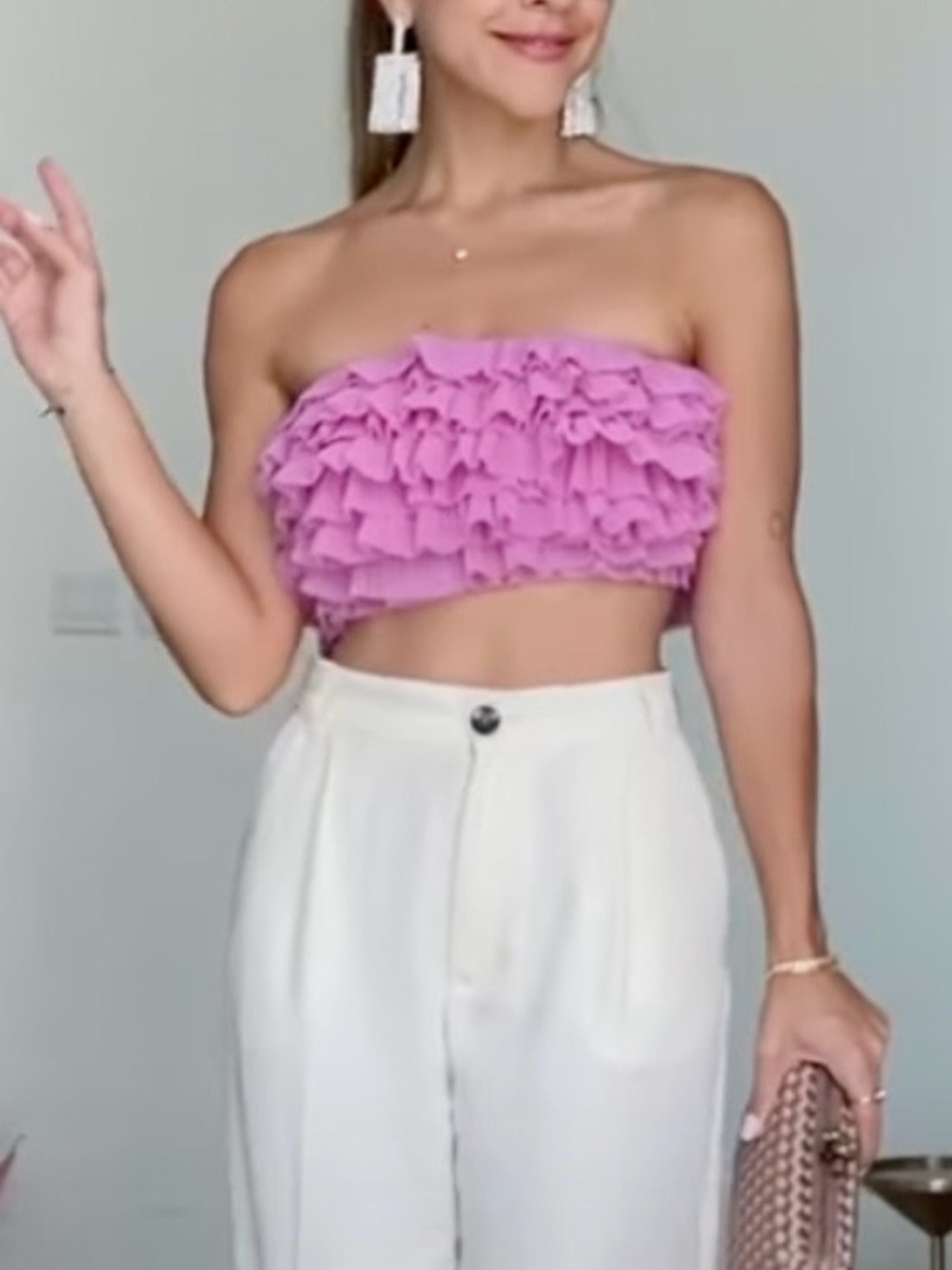 Zara Ruffled Strapless Bandeau Crop Top in Lavender Pink